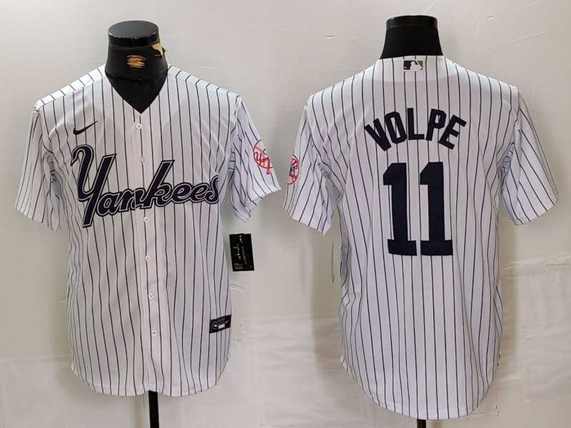 Men's New York Yankees #11 Anthony Volpe White Pinstripe Fashion Cool Base Jersey,We sell and wholesale Men's New York Yankees #11 Anthony Volpe White Pinstripe Fashion Cool Base Jersey on line form chian!
